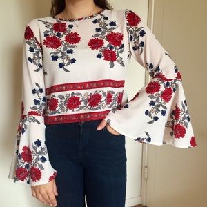 Cropped Floral Top with Bell Sleeves